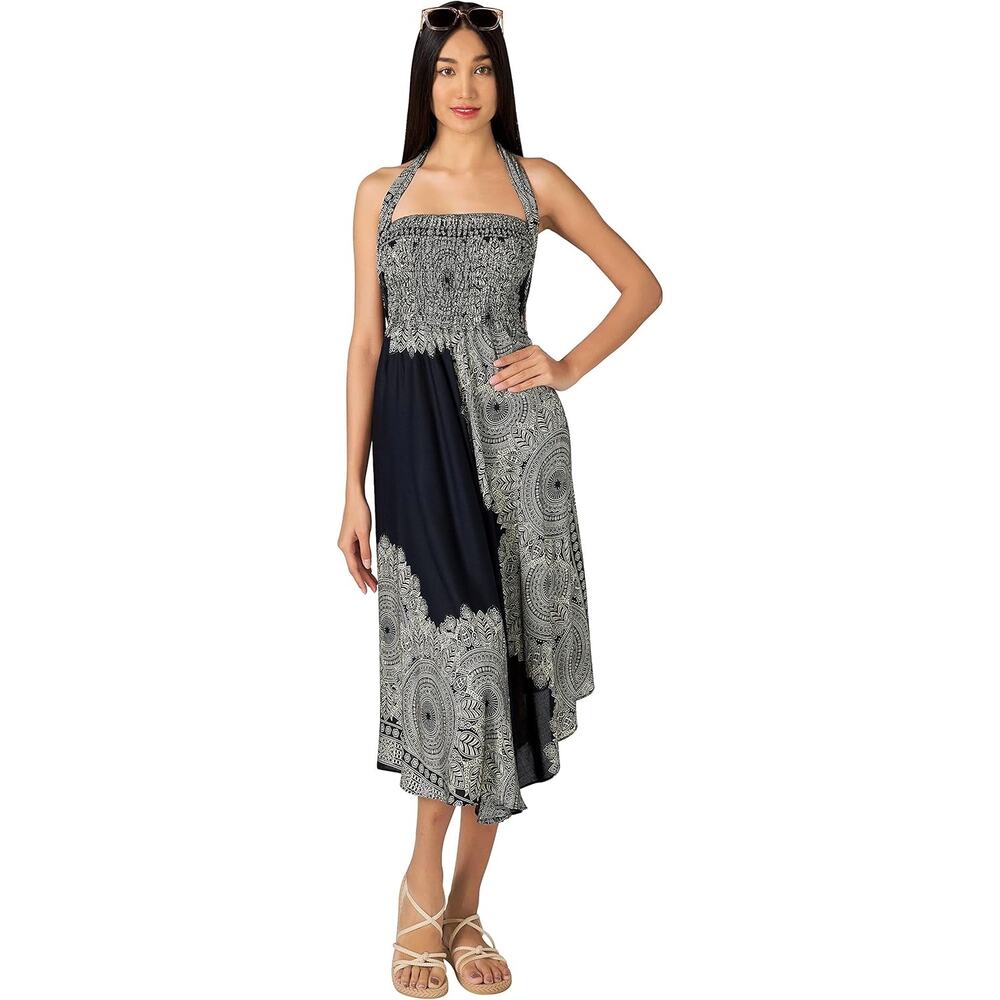 Black Beige Multiway Mandala Maxi Dress Skirt | Bohemian Asymmetric Boho 2-in-1